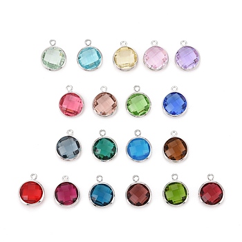 Glass Charms, with Platinum Plated Brass Findings, Long-Lasting Plated, Lead Free & Nickel Free & Cadmium Free, Faceted Flat Round, Mixed Color, 7x4x1.8mm, Hole: 0.8mm
