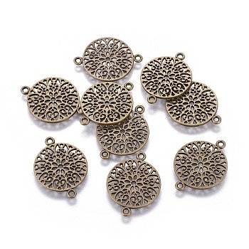 Tibetan Style Alloy Links connectors, Filigree Findings, Flat Round, Cadmium Free & Nickel Free & Lead Free, Antique Bronze, 24x18x1mm, Hole: 1.5mm