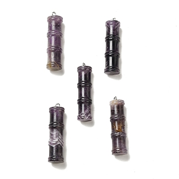 Natural Amethyst Pendants, Bamboo Stick Charms, with Stainless Steel Color Tone 304 Stainless Steel Loops, 45x12.5mm, Hole: 2mm