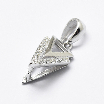 Rhodium Plated 925 Sterling Silver Micro Pave Cubic Zirconia Pendant Bails, Ice Pick & Pinch Bails, Triangle, Platinum, 13x7x8mm, Hole: 2.5x3mm, Pin: 1mm