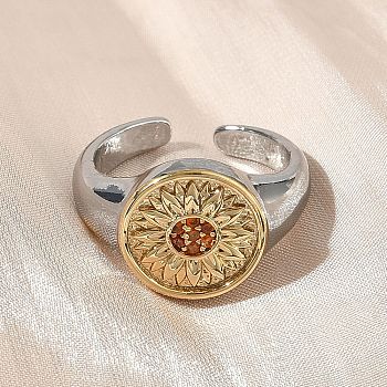 Brass Micro Pave Clear Cubic Zirconia Cuff Rings, Flower, Rack Plating, Long-Lasting Plated, Cadmium Free & Lead Free, Platinum & Golden, 12.5mm, Inner Diameter: Adjustable