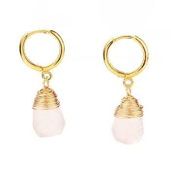 Brass Huggie Hoop Earrings, with Wire Wrapped Faceted Natural Rose Quartz Pendants, Teardrop, Golden, 33.5~34mm, Pin: 1mm