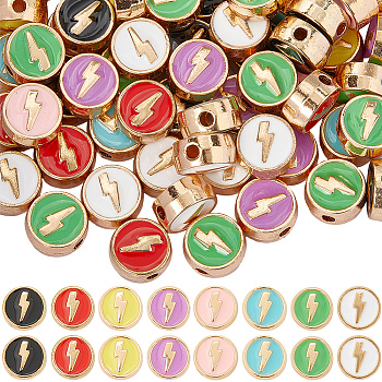 96Pcs 8 Colors Alloy Enamel Beads, Flat Round with Lightning Bolt, Light Gold, Mixed Color, 8x4.5mm, Hole: 1.8mm, 12pcs/color