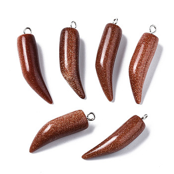 Synthetic Goldstone Pendants, with Platinum Iron Loop, Little Pepper, 28~33x7~8mm, Hole: 1.8mm