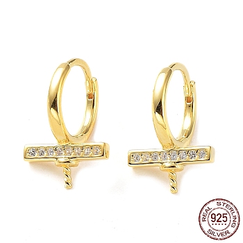 925 Sterling Silver Micro Pave Clear Cubic Zirconia Hoop Earring Findings, for Half Drilled Pearl Beads, Rectangle, Real 18K Gold Plated, 13.8x9.5mm, Pin: 0.7mm & 0.8mm