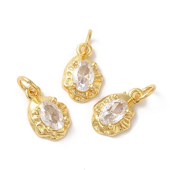 Rack Plating Brass Cubic Zirconia Charms, with Jump Ring, Long-Lasting Plated, Lead Free & Cadmium Free, Oval, Real 18K Gold Plated, Clear, 14x8x4mm, Hole: 3mm