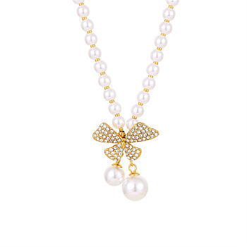 304 Stainless Steel Bowknot Pendant Necklace with Natural Pearl Beaded, Golden, 14.57 inch(37cm)