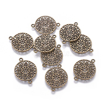 Tibetan Style Alloy Links connectors, Filigree Findings, Flat Round, Cadmium Free & Nickel Free & Lead Free, Antique Bronze, 24x18x1mm, Hole: 1.5mm(X-TIBE-S304-06AB-NR)