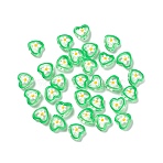 Transparent Glass Beads, Hand Drawn Beads, with Enamel, Heart with Flower Pattern, Lime Green, 12x12x6.5mm, Hole: 0.9mm(GLAA-C026-03A)