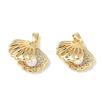 Brass Micro Pave Cubic Zirconia Pendants, Shell Shape Charms, with ABS Plastic Imitation Pearl, Lead Free & Cadmium Free, Long-Lasting Plated, Rack Plating, Golden, 13.5x14.5x7mm, Hole: 4x2.5mm(KK-L256-37G)