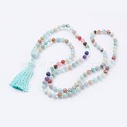 Natural Flower Amazonite Tassel Pendant Necklaces, with Gemstone Beads, Chakra Necklaces, 40.5 inch(103cm)(NJEW-P193-A05)