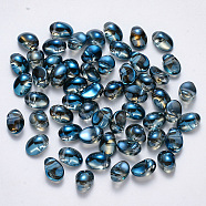 Transparent Spray Painted Glass Charms, AB Color Plated, Oval, Steel Blue, 8.5x6x4.5mm, Hole: 1mm(GLAA-R211-05-F04)