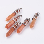 Natural Red Aventurine Big Pointed Pendants, with Alloy Findings, Faceted, Bullet, Platinum, 59~63x11~12mm, Hole: 4x7mm(G-G738-A-38)