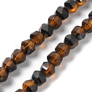 Electroplate Transparent Glass Beads Strands, Frosted, Faceted, Lantern, Saddle Brown, 7x7.8x7.5mm, Hole: 1.5mm, about 72pcs/strand, 20.79''(52.8cm)(EGLA-I018-HP01)