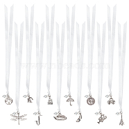 12Pcs 12 Style Wedding Cake Charms for Bridesmaids, Single Face Satin with Alloy Charms, Saint Benedict Medal & Dragonfly & Crab & Tree, White, 8-7/8~9 inch(22.4~229cm)(BJEW-AB00015)