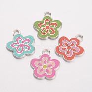 Alloy Enamel Pendants, Lead Free and Cadmium Free, Flower, Great For Mother's Day Gift Making, Mixed Color, Platinum, about 22mm long, 20mm wide, 2.5mm thick, hole: 2.5mm(X-EAP073Y)
