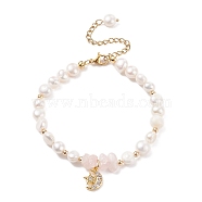 Natural Rose Quartz Chips & Pearl Beaded Bracelet, Clear Cubic Zirconia Moon & Star Charm Bracelet for Women, Golden, 7-5/8 inch(19.5cm)(BJEW-JB08236-01)