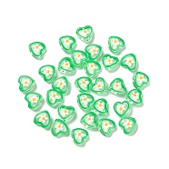Transparent Glass Beads, with Enamel, Heart with Flower Pattern, Lime Green, 12x12x6.5mm, Hole: 0.9mm(GLAA-C026-03A)
