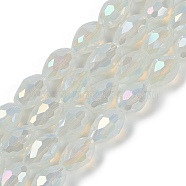 Opaque Solid Color Electroplate Glass Beads Strands, AB Color Plated, Faceted, Teardrop, Floral White, 8x6mm, Hole: 1.2mm, about 65~67pcs/strand, 20.08 inch(51cm)(EGLA-N013-J6mm-B02)