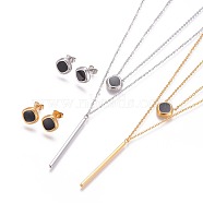 304 Stainless Steel Cable Chains Jewelry Sets, with Enamel, Necklaces and Stud Earrings, with Ear Nuts/Earring Back, Rhombus, Golden & Stainless Steel Color, 15.9 inch(40.5cm), 10.5x10.5x2.5mm, Pin: 0.7mm(SJEW-F213-01)