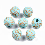 Painted Natural Wood Beads, Laser Engraved Pattern, Round with Leopard Print, Cyan, 10x8.5mm, Hole: 2.5mm(WOOD-T021-53A-06)