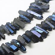 Electroplated Natural Quartz Crystal Beads Strands, Nuggets, Tusk Shape, AB Color, Dyed, Steel Blue, 7~15x18~60mm, Hole: 1mm, about 46pcs/strand, 16 inch(G-A142-03M)