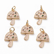 Brass Micro Pave Colorful Cubic Zirconia Pendants, with Enamel and Jump Rings, Mushroom, Real 18K Gold Plated, 17x11.5x2.5mm, Jump Ring: 5x1mm, 3mm Inner Diameter(KK-C100-09G)