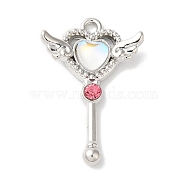 Rack Plating Alloy Pendants, with Glass and Rhinestone, Cadmium Free & Nickel Free & Lead Free, Heart, Platinum, Pink, 26x17x4mm, Hole: 1.6mm(FIND-I039-009P-02)