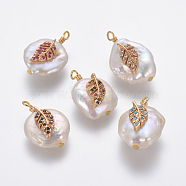 Natural Cultured Freshwater Pearl Pendants, with Brass Micro Pave Cubic Zirconia Findings, Nuggets with Leaf, Golden, Mixed Color, 18~24x13~15x8~10mm, Hole: 1.8mm(PEAR-L027-06)