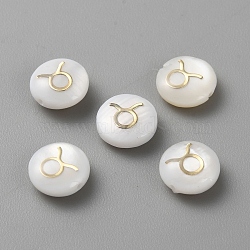 5Pcs Natural Freshwater Shell Beads, Flat Round with Constellation Pattern, WhiteSmoke, Taurus, 8~10x4.5mm, Hole: 0.8mm(BSHE-TAC0004-01D)