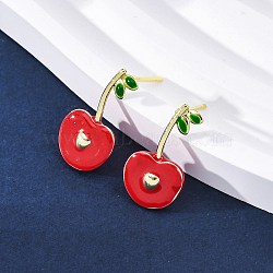 Cherry Brass Enamel Stud Earrings for Women, Cadmium Free & Lead Free, Long-Lasting Plated, Rack Plating, Real 18K Gold Plated, 18.5x10mm(EJEW-G425-02G)