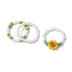 3Pcs 3 Style Glass Seed Beaded Stretch Rings, Flower Stackable Finger Rings, Golden, Inner Diameter: 17.8~18mm, 1Pc/style(RJEW-JR00658-01)