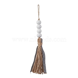 Jute Rope Tassel Hanging Ornaments, with Round Wood Beads, Tan, 240mm(HJEW-JM02267)