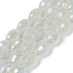 Opaque Solid Color Electroplate Glass Beads Strands, AB Color Plated, Faceted, Teardrop, Floral White, 8x6mm, Hole: 1.2mm, about 65~67pcs/strand, 20.08 inch(51cm)(EGLA-N013-J6mm-B02)