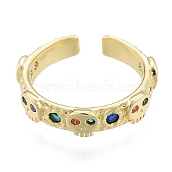 Colorful Cubic Zirconia Skull Open Cuff Rings, Brass Jewelry for Women, Real 18K Gold Plated, US Size 7 1/4(17.5mm)(RJEW-G261-07G)