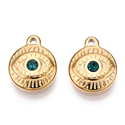 Teal Glass Pendants, with PVD Vacuum Plating 201 Stainless Steel Findings, Flat Round with Evil Eye, Real 18K Gold Plated, 13.5x11x3mm, Hole: 1.6mm(STAS-C064-VC817)