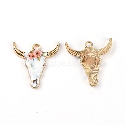 Zinc Alloy Enamel Pendants, Light Gold, Ox-Head Shape with Flower Pattern, Pink, 22x21x2.5mm, Hole: 2mm(ENAM-CJC0004-26D)