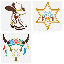 3Pcs 3 Styles PET Hollow Out Drawing Painting Stencils, for DIY Scrapbook, Photo Album, Western Cowboy Theme, 300x300mm, 1pc/style(DIY-WH0394-0019)