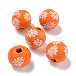 Printed Wood European Beads, Round with Daisy Pattern, Dark Orange, 15.5~16mm, Hole: 4~4.5mm(WOOD-G022-19H)