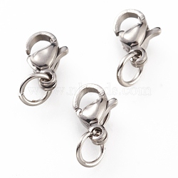 Tarnish Resistant 304 Stainless Steel Lobster Claw Clasps, With Jump Ring, Stainless Steel Color, 9x5.5x3.5mm, Hole: 3mm, Jump Ring: 5x0.6mm(STAS-G240-01A-P)