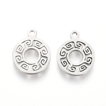 304 Stainless Steel Charms, Laser Cut, Flat Round, Stainless Steel Color, 12x10x1mm, Hole: 1.2mm