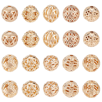 Elite 20Pcs 10 Style Brass Hollow Round Beads, Champagne Gold, 7~8x7~8mm, Hole: 0.9~1.5mm, 2pcs/style