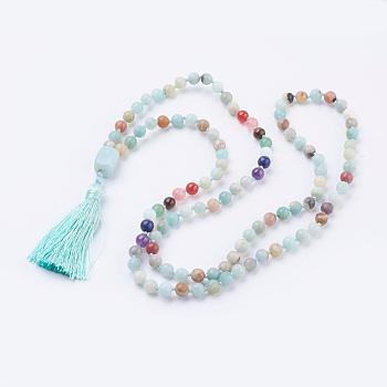 Natural Flower Amazonite Tassel Pendant Necklaces, with Gemstone Beads, Chakra Necklaces, 40.5 inch(103cm)