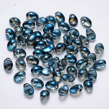 Transparent Spray Painted Glass Charms, AB Color Plated, Oval, Steel Blue, 8.5x6x4.5mm, Hole: 1mm