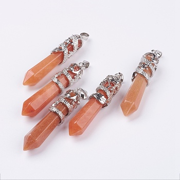 Natural Red Aventurine Big Pointed Pendants, with Alloy Findings, Faceted, Bullet, Platinum, 59~63x11~12mm, Hole: 4x7mm
