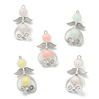 Frosted Acrylic Pendants, with Antique Silver Plated Alloy Findings, Angel, Mixed Color, 38~38.5x19~19.5x9~10mm, Hole: 2.5~2.8mm