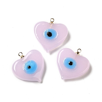 Handmade Lampwork Pendants, with Real 18K Gold Plated Plated Brass Finding, Cadmium Free & Lead Free, Heart with Evil Eye, Pink, 19.5x18.2x5mm, Hole: 1.4mm