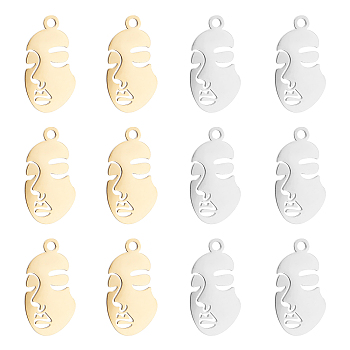 Unicraftale 12Pcs 2 Colors 304 Stainless Steel Pendants, Abstract Face, Golden & Stainless Steel Color, 24x13x1mm, Hole: 2mm, 6pcs/color