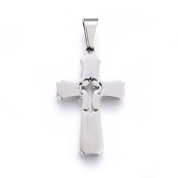 304 Stainless Steel Pendants, Cut-Out, with Hollow, Cross, Stainless Steel Color, 28x17x2.2mm, Hole: 8x4mm