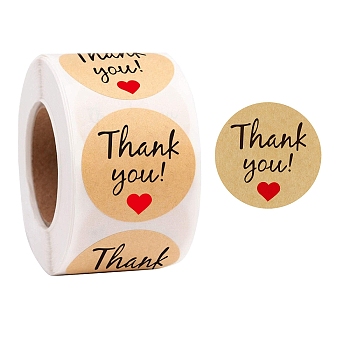 Round Dot Self Adhesive Kraft Paper Stickers, Word Thank You Gift Decals for Party, Decorative Presents, Sandy Brown, 25mm, 500pcs/roll